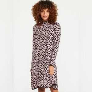 Ann Taylor Animal Print Jacquard Mock Neck Pink Brown Sweater Dress Size Large